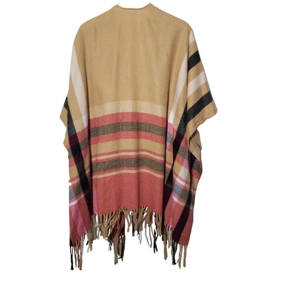 Woolrich Plaid Fringe Blanket Wrap Shawl Cape Tan Pink Poncho Womens One Size - Picture 6 of 6